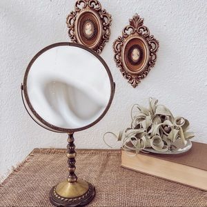 Vintage Mid Century Brass Table Top Vanity Makeup/Shaving Mirror